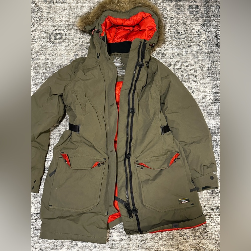 LLBean lightly worn down olive green jacket